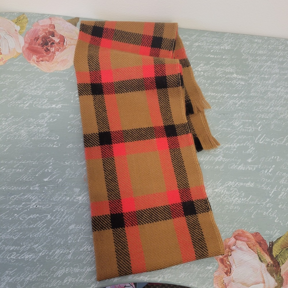 Merino Wool Scarf Brown Red And Black Plaid‎